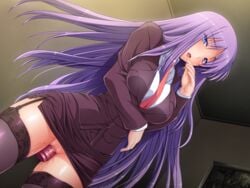 blue_eyes blush breasts censored dildo female game_cg garter_straps highres ino large_breasts legs long_hair looking_at_viewer midori_aoi necktie nise_kyouso no_panties open_mouth purple_hair pussy pussy_juice skirt solo standing suit takatsu_miki thighhighs thighs vaginal_insertion wet