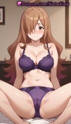 1girls ahoge ai_generated anime anime_style bare_shoulders barefoot blush bow_panties bra breasts brown_eyes brown_hair bust busty cameltoe cleavage closed_mouth collarbone crotch feet female female_focus female_only foot_fetish hair_over_one_eye hentai indoors kono_subarashii_sekai_ni_shukufuku_wo! large_breasts lingerie long_hair looking_at_viewer natsuyoru navel on_bed panties pantsu partially_visible_vulva purple_bra purple_panties sitting smile solo solo_female spread_legs stomach thighs underwear underwear_only voluptuous voluptuous_female wiz_(konosuba)