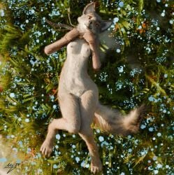 anthro canid canine canis caught female fur grass hi_res lying mammal naala nature nature_background nude plant pose posing_for_picture reaching_art solo wolf