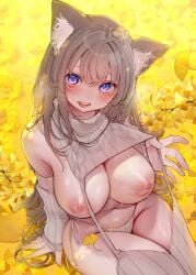 amane_ruri animal_ear_fluff animal_ears bare_shoulders blush breasts breasts_out cat_ears clothes_lift clothes_pull dress female ginkgo_leaf grey_sweater highres large_breasts leaf long_hair looking_at_viewer meme_attire naked_sweater navel nipples open_mouth original purple_eyes sitting sleeveless sleeveless_sweater sleeveless_turtleneck solo sweater sweater_dress sweater_lift tongue turtleneck turtleneck_sweater very_long_hair virgin_destroyer_sweater virgin_killer_sweater yellow_leaves