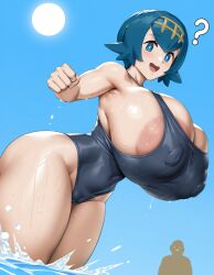 1girls ? ai_generated areola_slip beach big_breasts blue_eyes blue_hair cameltoe covered_erect_nipples covered_navel covered_nipples curvy fat_male female female_focus from_below huge_ass huge_breasts huge_nipples lana_(pokemon) looking_at_viewer low_angle navel no_sclera open_mouth pokemon pokemon_sm short_hair sideboob smiling sun swimsuit thick_thighs thighs tiara ugly_bastard watching water wet wide_hips