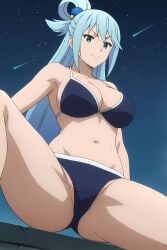 ai_generated aqua_(konosuba) bikini blue_eyes blue_hair breasts female girl kono_subarashii_sekai_ni_shukufuku_wo! lake night pinku.ai spread_legs