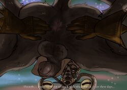 anthro anus ass balls bovid caprine clothing crouching demon dialogue drstrangeluvve duo elden_ring elden_ring_nightreign english_text fromsoftware genitals gloves goat handwear hi_res horn human libra_creature_of_night looking_at_viewer looking_down looking_down_at_viewer male male/male mammal multi_eye penis sky spread_anus spreading text wylder_(nightreign)