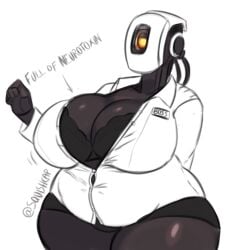 artist_signature bbw big_breasts bra breasts bursting_breasts buttons chubby cleavage curvy english_text glados glados_(humanoid) glowing_eyes huge_breasts milf open_shirt robot robot_girl squishcap_(artist) thick thick_thighs valve wide_hips wire