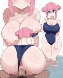 1boy absurdres alternate_breast_size_(larger) anus ass blue_eyes bocchi_the_rock! breasts censored curvy double_bun female gotoh_hitori hair_bun highres huge_ass huge_breasts male_pubic_hair mosaic_censoring nipples one-piece_swimsuit penis pink_hair pubic_hair ring_light_reflection sex straight swimsuit vaginal_penetration wide_hips yabai_gorilla