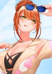 1girls armpits big_breasts breasts clothed cloud d4dj eyewear_removed hair_up japanese_text kapushino outdoors seto_rika sparkles sunglasses text tongue tongue_out watermark