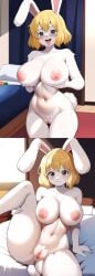 1girls ai_generated big_breasts blonde_hair bunny_girl carrot_(one_piece) female furry furry_female holding_breast holding_breasts looking_at_viewer on_bed one_piece rabbit_girl rabbit_humanoid