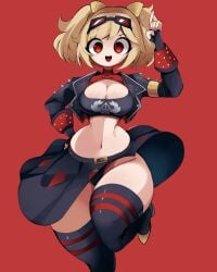 big_breasts blonde_hair bra burnice_white fingerless_gloves gazericc light-skinned_female massive_thighs red_eyes red_glasses rox_hoxten short_hair skirt sons_of_calydon spikes tagme thick_thighs thighhighs zenless_zone_zero