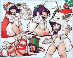 1girls 2024 alternate_version_available bag bell_collar blue_background blush breasts breasts_out brown_nipples cajeta_(madnawt) christmas clothing costume dialogue eevee eevee_(cosplay) eeveelution english_text female female_only generation_1_pokemon green_nails long_hair madnawt mistletoe nintendo nipples onsie original original_character pokeball pokemon ponytail present pubic_hair purple_eyes purple_hair pussy pussy_peek red_nails ribbon sack santa_hat shiny_pokemon simple_background small_breasts snowflake solo solo_female thick_thighs unbuttoned wardrobe_malfunction