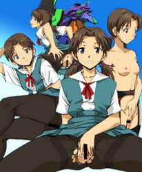 1girls areolae ass black_legwear breasts brown_eyes brown_hair censored clothing female freckles gainax hikari_horaki human kamisimo_90 light-skinned_female light_skin looking_at_viewer looking_back neon_genesis_evangelion nipples pantyhose pussy pussy_juice short_hair sitting skirt small_breasts smile solo spread_legs spread_pussy stockings tied_hair torn_clothes torn_pantyhose twintails