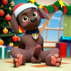 1boy ai_generated anthro balls chocolate_labador_retriever christmas christmas_background christmas_decorations christmas_hat christmas_presents christmas_tree dog_collar luxeraora10 male male_only paw_patrol penis solo_male tensor.art yellow_eyes zuma_(paw_patrol)