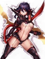 1girls angry black_hair blue_eyes blush breasts cameltoe cleavage clenched_teeth female fumio_(rsqkr) garter_straps gloves highlights hourglass_figure kill_la_kill large_breasts looking_at_viewer matoi_ryuuko navel scissor_blade senketsu solo standing suspenders thighhighs underboob weapon