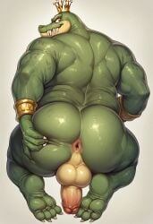 1boy ai_generated anus ass back crocodile crown daddy donkey_kong_(series) erection fat fat_man from_behind furry furry_male gay gold_bracelet grab_the_butt grabbing_own_ass green_skin k_rool looking_back male male_only nintendo obese obese_anthro obese_male penis presenting reptile scales testicles