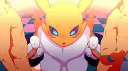 anthro bandai big_breasts blue_eyes breasts canine censored cleavage clothed clothing digimon female fox fur human kemono kitsunenone male mammal okiyo penis renamon straight