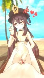 1boy 1girls 3d 3d_(artwork) beach black_nails brown_hair choker cowgirl_position flower-shaped_pupils genshin_impact glasses happy hat heart_symbol highres holding_waist horn hu_tao_(genshin_impact) long_hair looking_at_viewer lying_on_back nude ocean outdoors palm_tree partially_nude penis petite pov public_nudity public_sex pussy pussyjob red_eyes round_glasses sand sansonnsfw sky small_breasts smile straddling touching_penis twintails v_sign wholesome