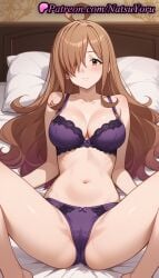 1girls ahoge ai_generated anime anime_style bangs bare_shoulders bed bed_sheet blush bow_bra bow_panties bra breasts brown_eyes brown_hair bust busty cameltoe cleavage closed_mouth collarbone crotch feet female female_focus female_only foot_fetish frown hair_over_one_eye hentai kono_subarashii_sekai_ni_shukufuku_wo! large_breasts legs long_hair looking_at_viewer lying natsuyoru navel on_back on_bed panties pantsu pillow purple_bra purple_panties sitting solo solo_female spread_legs stomach thighs underwear underwear_only voluptuous voluptuous_female wiz_(konosuba)