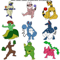 2012 ampharos amphibian anthro anthro_only ass azumarill barefoot bellossom big_breasts blue_eyes breasts caprine eyelashes female flaaffy flora_fauna flower frog fur group hair hoppip ignatius_husky kneeling looking_at_viewer mammal mareep marill nintendo nipples nude open_mouth plain_background plant plantie pokemon pokemon_(species) pokemon_gsc politoed pussy rodent sheep sitting skirt smile spread_legs spreading standing sudowoodo toes tongue video_games white_background