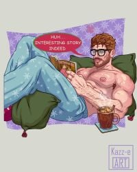 1boy 1male abs armpit_hair ass bodyhair chest_hair drink duffy_(kazz-e_art) glasses green_eyes kazz-e_art male male_only pajamas pecs pillow pin_up reading red_hair stubble teasing text_bubble xmas