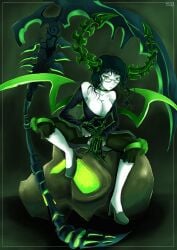 1girls big_breasts black_hair black_rock_shooter breasts dead_master female female_only green_eyes high_heels horns pale-skinned_female pale_skin scythe shadman skeletal_hand solo solo_female wings