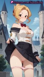 1girls ai_generated anime anime_style ass_visible_through_thighs bare_shoulders black_skirt blonde_hair blue_sky blush bow bow_panties bowtie breasts brown_eyes building bust busty castle cleavage cleft_of_venus closed_mouth clothes_lift cloud collar cowboy_shot day detached_collar female female_focus female_only folded_ponytail forehead hair_intakes hentai kono_subarashii_sekai_ni_shukufuku_wo! large_breasts lifted_by_self long_sleeves looking_at_viewer luna_(konosuba) medium_breasts miniskirt natsuyoru nose_blush off-shoulder_shirt off_shoulder outdoors paipan panties pantsu panty_pull parted_bangs pink_panties pleated_skirt public_indecency pussy red_bow red_bowtie school_uniform shaved_vagina shirt short_hair sidelocks skirt skirt_lift sky smile solo solo_female standing thighs tied_hair tree uncensored underwear vagina voluptuous voluptuous_female white_shirt