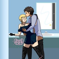 1boy 1girls attack_on_titan bathroom bathroom_sex blonde_hair blonde_hair clothed_female clothed_male clothed_sex dress eren_jaeger from_behind groping groping_breasts groping_from_behind historia_reiss kissing lace projectsubby shingeki_no_kyojin