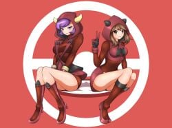 2girls boots breasts brown_hair courtney_(pokemon) dress fake_horns gloves grey_eyes high_heel_boots hood hood_up horned_hood horns knee_boots looking_at_viewer may_(pokemon) medium_breasts nintendo pokemon pokemon_oras pokemon_rse purple_eyes purple_hair red_dress red_sweater short_hair simplyseed sweater sweater_dress team_magma team_magma_uniform v