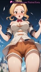 1girls :o ai_generated anime anime_style bare_shoulders blonde_hair blue_sky blush bow bowtie braid breasts brown_eyes brown_shorts building bust busty castle cleavage cowboy_shot day detached_collar detached_sleeves female female_focus female_only forehead from_below hands_up hentai kono_subarashii_sekai_ni_shukufuku_wo! large_breasts looking_at_viewer looking_down luna_(konosuba) medium_breasts midriff_peek natsuyoru navel nose_blush off_shoulder open_mouth orange_shorts outdoors red_bow red_bowtie shirt short_shorts short_sleeves shorts sidelocks sky solo solo_female standing thighs voluptuous voluptuous_female white_shirt