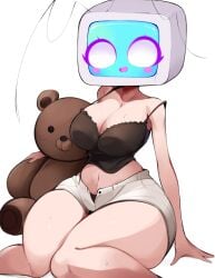 antennae big_breasts blush bra cute gazericc light-skinned_female miyu_(rox_hoxten) no_background original_character rox_hoxten screen_face short_shorts stuffed_animal tagme teddy_bear thick_thighs tv_head