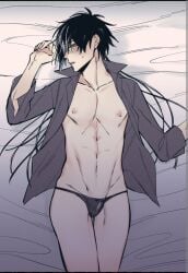 1boy genshin_impact nipples on_bed open_shirt san_jiga solo solo_focus solo_male thong zhongli_(genshin_impact)