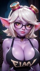 ai_generated bare_shoulders big_breasts bimbo_body breasts choker cleavage close-up collarbone fake_breasts firm_breasts front_view glasses goggles goggles_on_head huge_breasts large_breasts league_of_legends lips lipstick looking_at_viewer megane pink_inner_ear pink_lips pointy_ears portrait purple-skinned_female purple_body purple_skin riot_games round_breasts seduction seductive seductive_eyes seductive_gaze seductive_look seductive_mouth seductive_pose seductive_smile shiny shiny_breasts shiny_clothes shiny_hair shiny_skin sky4maleja tank_top tristana upper_body upper_body_only white_hair yordle