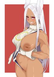 1girls animal_ears areola_slip areolae big_breasts blush breasts bunny_ears censored censored_pussy female female_only gloves hair handwear huge_breasts inverted_nipples leotard long_hair miruko mosaic_censoring my_hero_academia nipples noah_sptw one_breast_out pussy pussy_floss red_eyes rumi_usagiyama smile solo solo_female thighs vagina white_hair white_leotard