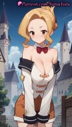 1girls ai_generated anime anime_style bare_shoulders blonde_hair blue_sky blush bow bowtie breasts brown_eyes brown_shorts building bust busty castle cleavage closed_mouth cloud collarbone cowboy_shot day detached_collar detached_sleeves female_focus female_only folded_ponytail forehead garter_belt hair_bun hentai kono_subarashii_sekai_ni_shukufuku_wo! large_breasts leaning_forward long_sleeves looking_at_viewer luna_(konosuba) natsuyoru off-shoulder_shirt off_shoulder orange_shorts outdoors parted_bangs red_bow red_bowtie shirt short_shorts shorts sidelocks skirt sky solo solo_female stairs standing tree v_arms voluptuous voluptuous_female white_shirt