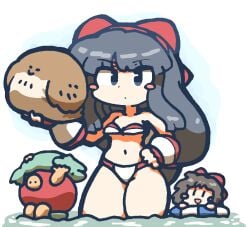 2girls bandeau_bikini bikini black_hair blue_eyes breasts brown_hair cleavage female female_only fingerless_gloves gloves hair_ribbon hand_on_hip highres king_of_fighters legs long_hair mamahaha medium_breasts multicolored_bikini multiple_girls nakoruru navel open_mouth pose posing ribbon samurai_shodown serious short_hair smile snk swimsuit thick_thighs thighs tongle