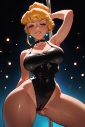 ai_generated arms_behind_head bedroom_eyes black_leotard blonde_hair cameltoe camisole choker cinderella cinderella_(1950_film) cinderella_(disney) covered_navel crotch from_below hair_bun highleg_leotard indoors large_breasts leotard looking_at_viewer looking_down narrow_waist narrowed_eyes pole pole_dancing seductive seductive_pose targyria_(ai_generator) thighs updo wide_hips