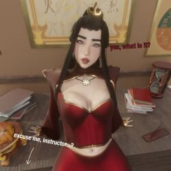 aged_up avatar_legends avatar_the_last_airbender azula black_hair dark_hair desk earrings female hair_ornament light-skinned_female light_skin medium_breasts midriff milf mslewd nickelodeon nicktoons nose_piercing school solo teacher text tummy