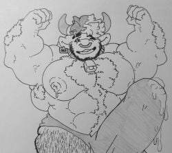 2021 absurd_res anthro artomu_san beard big_bulge big_muscles big_pecs bodily_fluids body_hair bovid bovine bulge cattle chest_hair clothing cum cum_in_clothing cum_in_underwear cum_through_clothing cum_through_underwear erection erection_under_clothing facial_hair facial_piercing front_view genital_fluids hair hairy_legs hi_res huge_bulge hyper hyper_bulge lactating looking_at_viewer male male_lactation mammal monochrome muscular muscular_anthro muscular_male nose_piercing nose_ring open_mouth open_smile pecs pen_(artwork) piercing portrait raised_arms ring_piercing smile solo teeth three-quarter_portrait traditional_media_(artwork) underwear wet wet_clothing wet_underwear