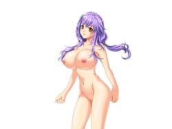 areolae breasts brown_eyes censored female game_cg highres hijiri_kotoko huge_breasts legs long_hair looking_at_viewer mainichi_shabutte_ii_desu_ka? mochizuki_nozomu navel nipples nude purple_hair pussy simple_background solo standing thighs white_background