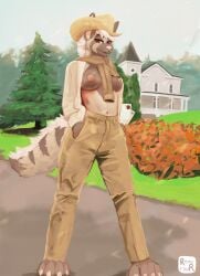 anthro breasts clothed clothing cowgirl_(disambiguation) exposed_breasts female hi_res hyena invalid_background mammal outside painting_(artwork) pinup pose remurawr revealing_(disambiguation) rumor_(remurawr) skimpy solo