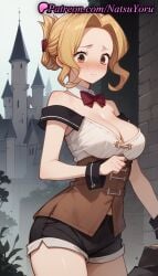 1girls ai_generated anime anime_style bare_shoulders black_shorts blonde_hair blush bow bowtie breasts brick_wall brown_eyes bust busty castle cleavage closed_mouth collar corset cowboy_shot detached_collar female female_focus female_only folded_ponytail hair_bun hentai kono_subarashii_sekai_ni_shukufuku_wo! large_breasts luna_(konosuba) natsuyoru nose_blush off_shoulder outdoors parted_bangs red_bow red_bowtie shirt short_shorts shorts solo solo_female standing tearing_up tears underbust voluptuous voluptuous_female white_shirt wrist_cuffs