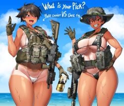 2girls ^^^ absurdres black_hair blue_eyes blush boonie_hat breasts brown_gloves camouflage camouflage_headwear collarbone cowboy_shot gloves gun hand_on_own_hip highres hitch_(hitch_driessen/perotoss400/kirochef) hitch_(perotoss) huge_breasts large_breasts looking_at_viewer medium_hair multiple_girls navel open_mouth original outdoors rifle rokmc_chan sharp_teeth short_hair smile strangling tan tanlines teeth thick_thighs thighs toned water weapon wet yellow_eyes