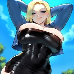 ai_generated android_18 black_dress blonde_hair blue_eyes blush breasts dark-skinned_male dragon_ball dragon_ball_z female huge_breasts juuicyai massive_ass massive_breasts nipples yellow_hair