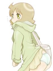 adorable ass ass_focus back back_view bob_cut brown_hair cute cute_face female female_focus female_only handbag holding_purse jacket light-skinned_female light_brown_hair looking_back mostly_clothed nichijou panties purse sakurai_izumi short_hair skirt skirt_up small_ass solo solo_female solo_focus teacher white_background