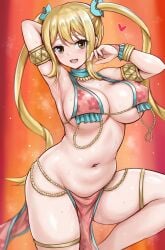 1girls alternate_costume alternate_hairstyle arm_up armpits blonde_hair blush brown_eyes cleavage fairy_tail female_only hair_between_eyes large_breasts long_hair looking_at_viewer lucy_heartfilia open_mouth r-binon solo_focus spread_legs sweat thick_thighs thighhighs thighs twintails wide_hips