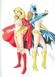 2girls andy_price batgirl blonde_hair bottomless breasts dc dc_comics female nipples pubic_hair pussy red_hair supergirl traditional_media_(artwork)