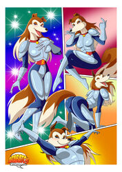 anthro arabatos armor canine collar colleen comic dog female female_only fur furry mammal pose road_rovers silent_comic smile solo