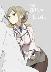 1boy breasts brown_hair clothed_female_nude_male epaulettes female femdom glasses gloves green_eyes grey_background kantai_collection katori_(kantai_collection) large_breasts military military_uniform nora_higuma pantyhose penis pointer short_hair simple_background skirt small_penis uniform white_gloves