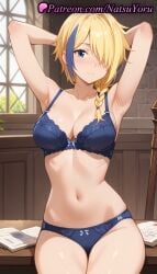 1girls ai_generated anime anime_style armpit armpits arms_behind_head arms_up bangs bare_arms bare_shoulders blonde_hair blue_bra blue_eyes blue_hair blue_panties blush book bow bow_bra bow_panties bra braid breasts bust busty claire_(konosuba) cleavage closed_mouth clothing collarbone cowboy_shot desk female female_focus female_only female_solo hair_over_one_eye hair_over_shoulder hentai indoors kono_subarashii_sekai_ni_shukufuku_wo! large_breasts long_hair looking_at_viewer medium_breasts multicolored_hair natsuyoru navel one_eye_covered panties pantsu shiny single_braid sitting skindentation smile solo solo_female stomach streaked_hair thigh_gap thighs two-tone_hair underwear underwear_only voluptuous voluptuous_female window