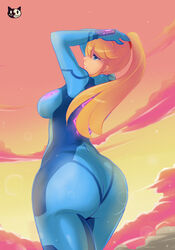 a-y-b arms_up ass ass_focus blonde_hair blue_eyes bodysuit breasts dat_ass female female_only huge_ass human large_ass metroid nintendo outdoor ponytail samus_aran solo standing tied_hair zero_suit zero_suit_samus