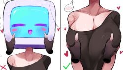 antennae big_breasts blush cleavage disembodied_hands fingerless_gloves fondling_breast gazericc grabbing_breasts hearts_around_head light-skinned_female meme miyu_(rox_hoxten) no_background original_character rox_hoxten screen_face shoulderless_shirt tagme tv_head