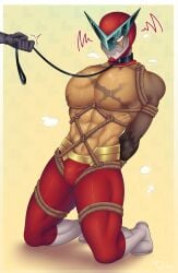 abs big_chest bondage brawlhalla chest_scar collar mask masked_male red_raptor red_raptor_(brawlhalla) scars scars_on_chest shibari_over_clothes simple_background sweat sweaty_body tied_arms tied_up toldohorny